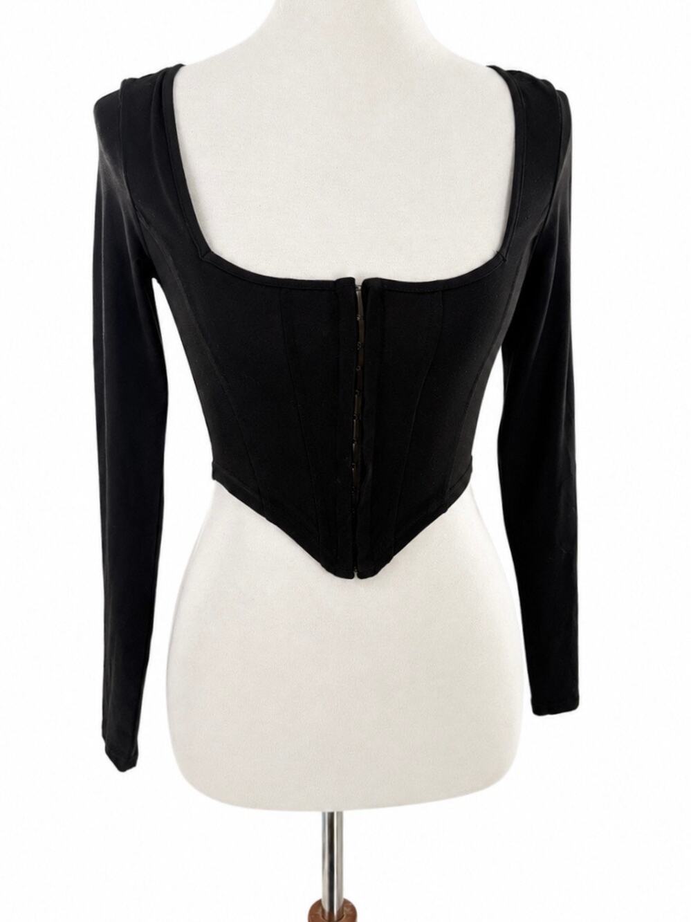 Women’s Black Long Sleeve Corset Top Scoop Neck Bustier Fitted XS